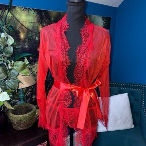 Elegant Red Lace Robe Set